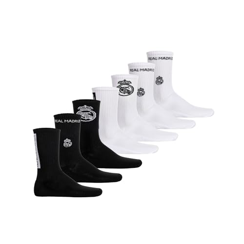 Real Madrid Socken Unisex 7er Pack Offizielles Lizenzprodukt | Tennis Socken Baumwollmischung | Fangeschenk mit eingewebtem Logo| Weiß/Schwarz 39-42