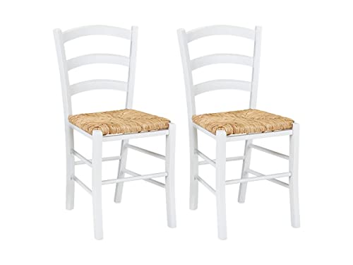 Vente-unique Lot de 2 chaises Paysanne - Hêtre Massif & Paille de Riz - Teinte : Blanc