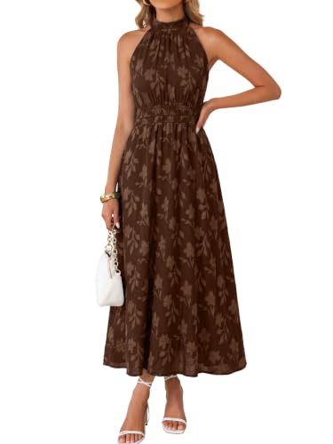 Image of Simplee Womens Summer Halter Maxi Dress Boho Floral Wedding Guest Dress Flowy Sleeveless Long Sundresses with Pockets