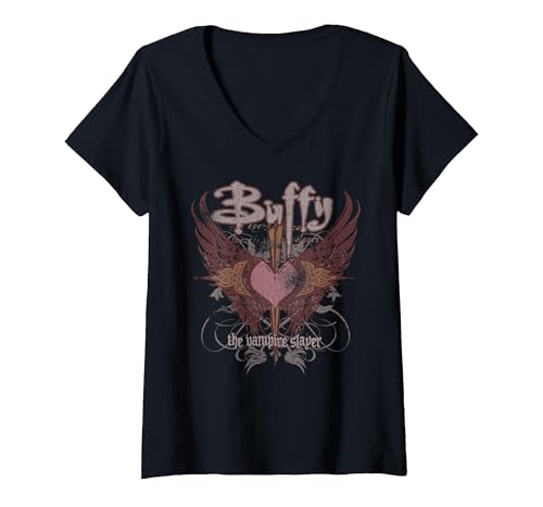 Image of Women's Buffy The Vampire Slayer Gothic Winged Heart Y2K TV Show V-Neck T-Shirt, Black, XX-Large