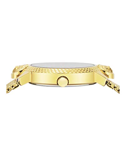 Versus Versace Mouffetard Crystal Track Collection Luxury Womens Watch Timepieces with a Gold Bracelet Featuring a Yellow Gold Case and a Red Dial