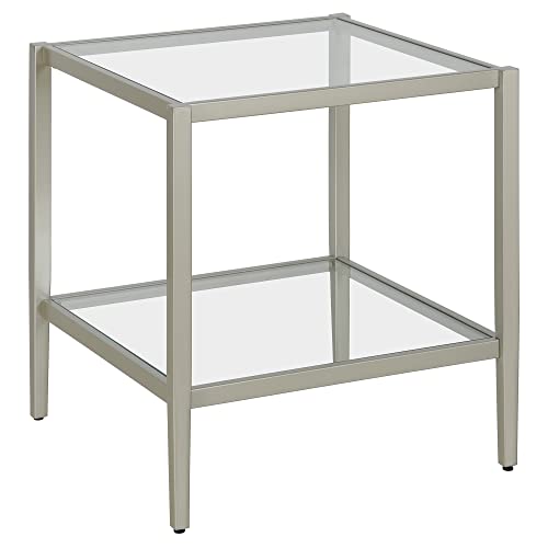 Henn&Hart 20" Wide Square Side Table with Glass Shelf in Satin Nickel, Table for Living Room, Bedroom