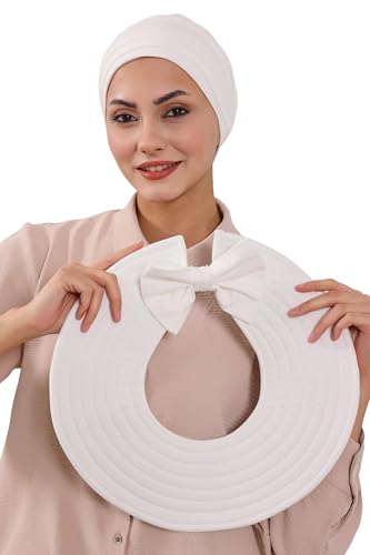 Aisha's Design Modest 2-Pack Sun Protective Turban with Removable Bow Brim for Women Wide Brim%95 Cotton Summer Bonnet-Hat Foldable Roll up Beach Cap Bonnet 2 in 1 Summer Hijab Hat, Cream