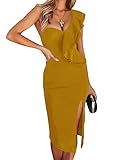One Shoulder Ruffle Dress Side Split Bodycon Bandage Dress Wedding Guest Dress, Ginger, Small