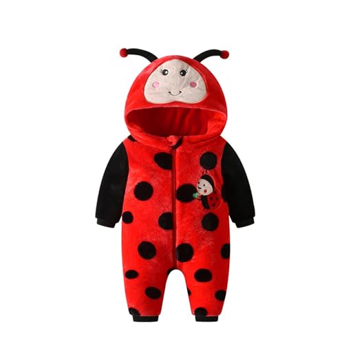 Licupiee Infant Boy Girl Ladybug Romper Hooded Long Sleeve Fleece Bee Jumpsuit Newborn Baby Halloween Costume Animal Clothes (Red 0-3 Months)