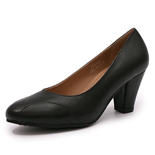 Mona flying Womens Retro Dress Pumps 7cm Chunky Heel Leather Dressy Shoes for Ladies