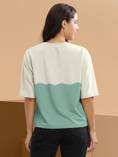 Image of HELLCAT Beige Printed Loose Fit Crew-Neck Crop T-Shirt for Women