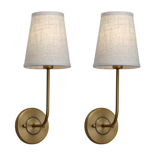Pathson Set of 2 Vintage Wall Sconces Linen Fabric Shade, Hardwired Bathroom Vanity Lights Brass...