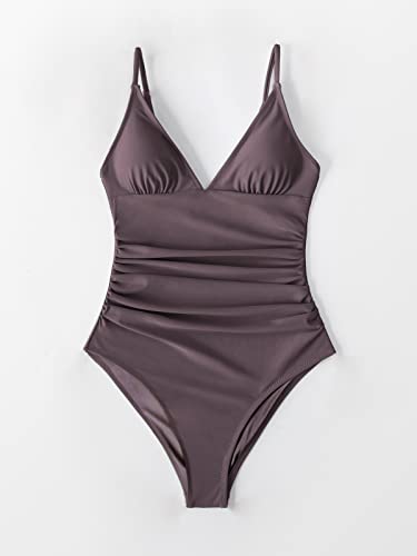 Cupshe Women's One Piece Swimsuit Tummy Control V Neck Two Piece Bathing Suits, Cafe Brown, L #TOP2