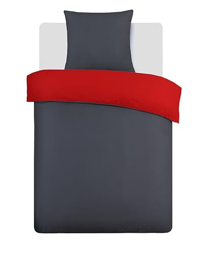 VISION – Bettwäsche – Bettbezug 135 x 220 cm mit 1 passende Kissenbezug 80 x 80 cm – Reißverschluss – Vollständig wendbar: Wahl zwischen grau und rot – 100% Baumwolle – Ökotex-Zertifikat