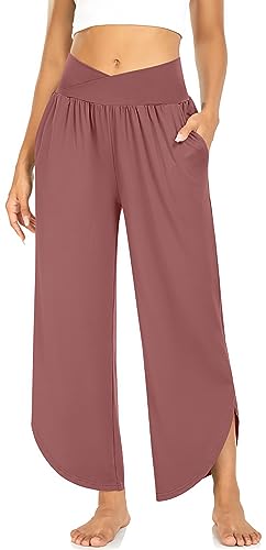 Image of TARSE Women's Wide Leg Yoga Pants Cross High Waist Flowy Split with Pockets | Comfy Lightweight Stretch, Flare Hem Cropped, Loose Dance Pants, Travel & Lounge, Everyday Casual Wear