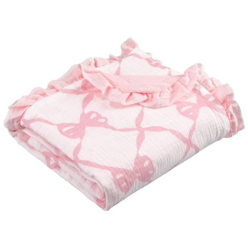 Image of Oudain Pink Bow Flounce Muslin Baby Blankets, Lace Cotton Crib Blanket for Baby Infant Toddler, Soft and Lightweight Nursery Blankets 40"x35"