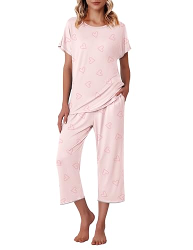 Ekouaer Womens Capri Pajama Sets Print Short Sleeve Sleepwear Top and Capri Pants Soft Loungewear with Pocket White Red Heart S