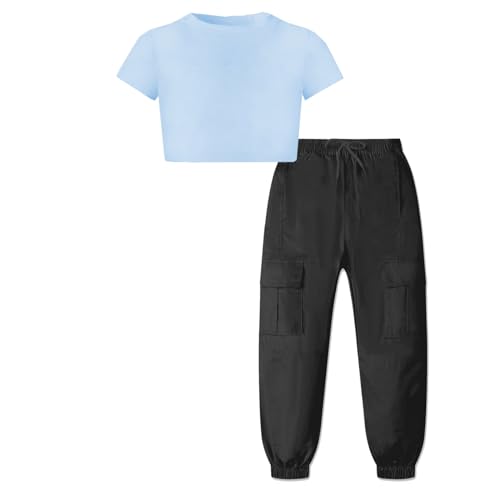 Image of Betusline Crop Tops for Girls, Blue Short Sleeve Crop Tops for Girls and Black Cargo Jogger Pants Outfits, 4-5T = Tag 120