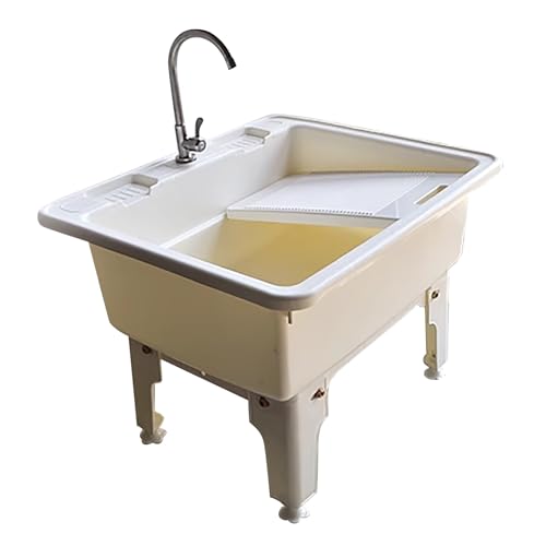 Lavandino in plastica for lavanderia con rubinetti for acqua calda e fredda, include asse da bucato, pratico lavello di servizio for lavanderie/garage/giardini(White,L)