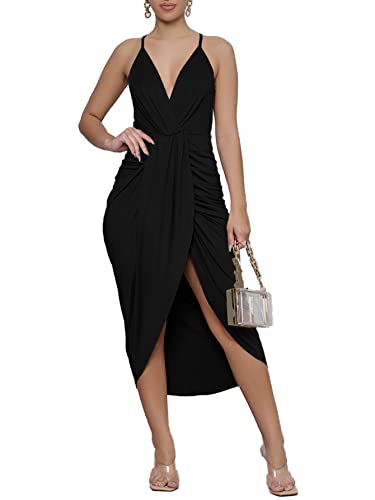 LYANER Women's V Neck Ruched Wrap Slit Hem Sleeveless Spaghetti Strap Midi Bodycon Dress