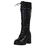 Generation Y Women's Knee High Combat Boots Lace Up Chunky Heel Knitted Cuff Zipper Closure Black Sm