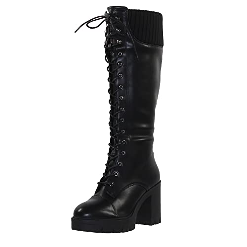 Generation Y Women's Knee High Combat Boots Lace Up Chunky Heel Knitted Cuff Zipper Closure Black Smooth Pu Size 10 #TOP12