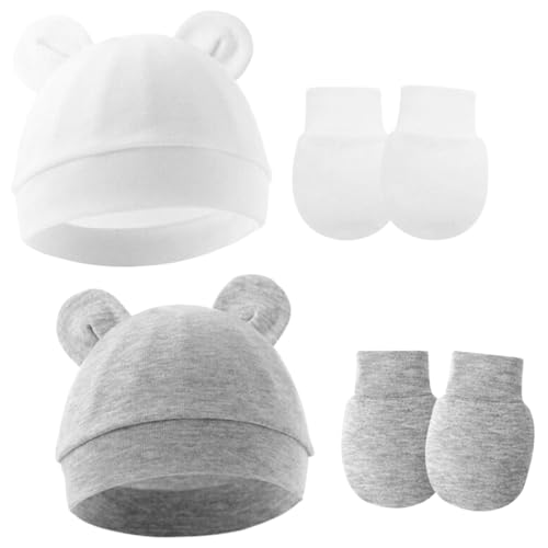 LOMSUXA 2 Ensembles Bonnet Bébé, Bonnets de Naissance et Moufles de Protection Coton de Haute Qualité,pour Bébé 0-3 Mois Bébé Fille Garçon