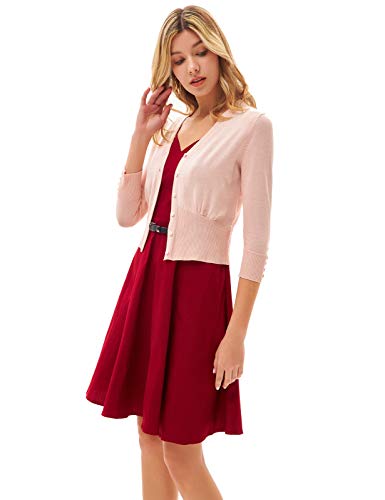 Grace Karin Women's Cropped Cardigan 3/4 Sleeve V-Neck Button Down Open Front Ribbed Knit Shrug Sweater Pink #TOP1