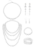 Rudfovn 8 Pcs Pearl Necklace and Bracelet Earrings Set, 1920s Vintage White Long Pearl Costume Jewellery Sets for Women