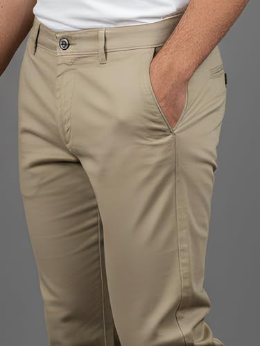 Image of LIVE IN Mens Tan Cotton Blend Slim Fit Casual Solid Trousers