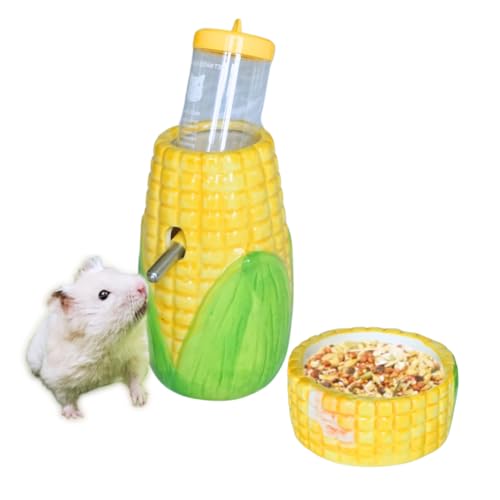 PAWCHEE Corn Ceramic Hamster Water Bottle Stand with Food Bowl,