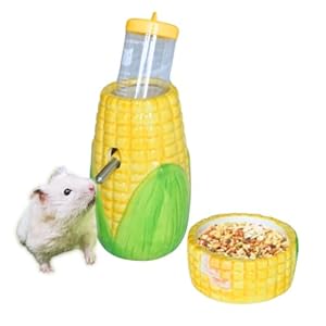 Corn Ceramic Hamster Water Bottle Stand with Food Bowl, Syrian, Gerbil, mice Water Bottles with Holder Water Feeder for Small Animals, Hamster Cage Accessories