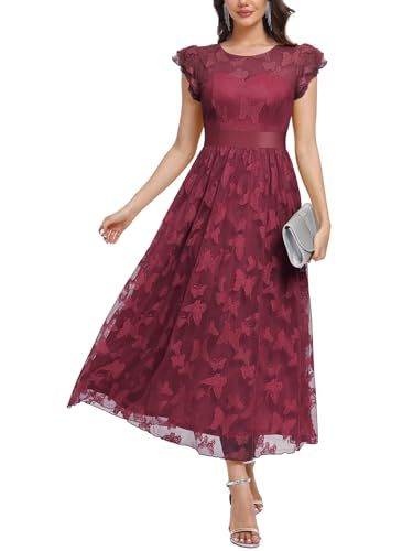 Image of Women's Casual Tulle Midi Dress Ruffle Sleeve Crewneck Lace Flowy Dresses Party Wedding Guest Sundress