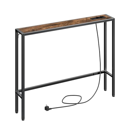 MAHANCRIS Mesa de Entrada de 100 cm, Aparador con Enchufe y Puerto USB, Mesita Auxiliar de Sofá Larga y Estrecha, Consola de Pasillo, para Pasillo, Salón, Marrón Vintage y Negro ACTHR968UE01