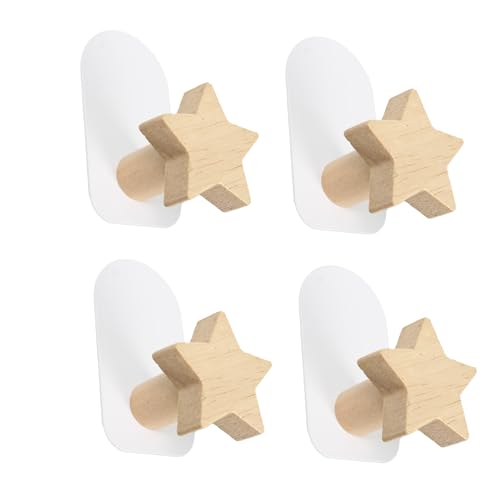 4PCS Adhesive Star-Shape Wall Hooks, Kids Room Decorative Hooks, Wood Coat Hooks Wall Mounted Hooks or Hanging Coat Clothes Hat Bag Purse and Towel