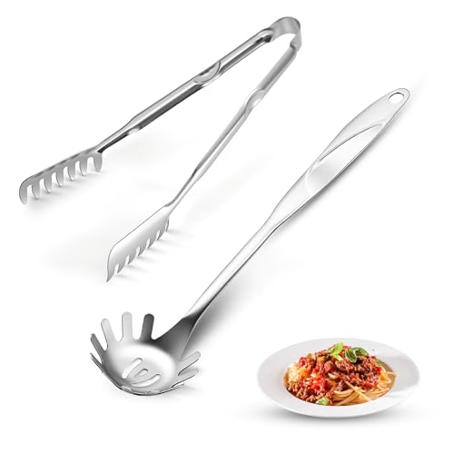 Spaghetti Spoon and Pasta Tong with Grip Teeth and Drain Holes, 2-Piece Large Spaghetti Utensil, Comfortable Grip Design for Cooking, Serving, Salad and Noodles, Stainless Steel