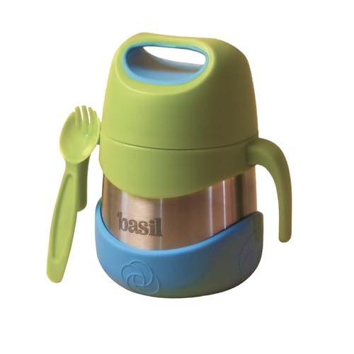 Basil ThermoTot Kids Insulated Food Jar 320ml | 304 Stainless Steel | BPA-Free | Double Wall Vacuum Lunch Box with Handle & Spork | Hot Cold Storage f