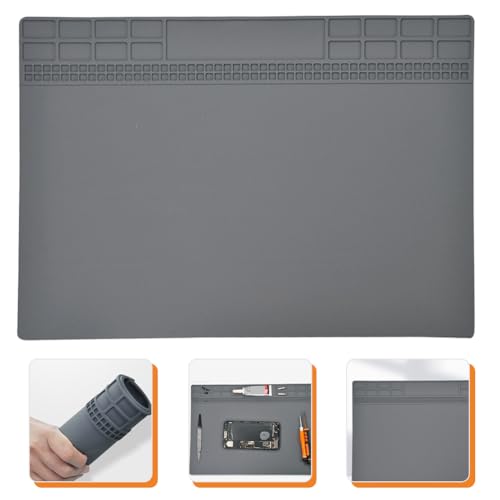 Image of Anti-Static Silicone Repair Mat, Heat Resistant Soldering Pad with Screw Compartments, Esd Work Mat for Electronics Assembly and Repair, 13.77 X 9.84 Inches, Dark Grey