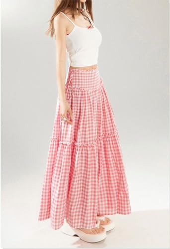 utcoco Womens Retro Plaid High Waist Patchwork Pleated A-line Skirt Cute Pink Checkered Long Skirts3