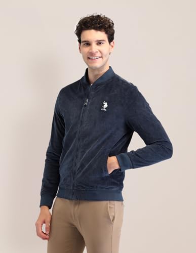 Image of U.S. Polo Assn. Men's Blue Textured Mock Collar Long Sleeve Casual Polyester Regular Fit Jacket