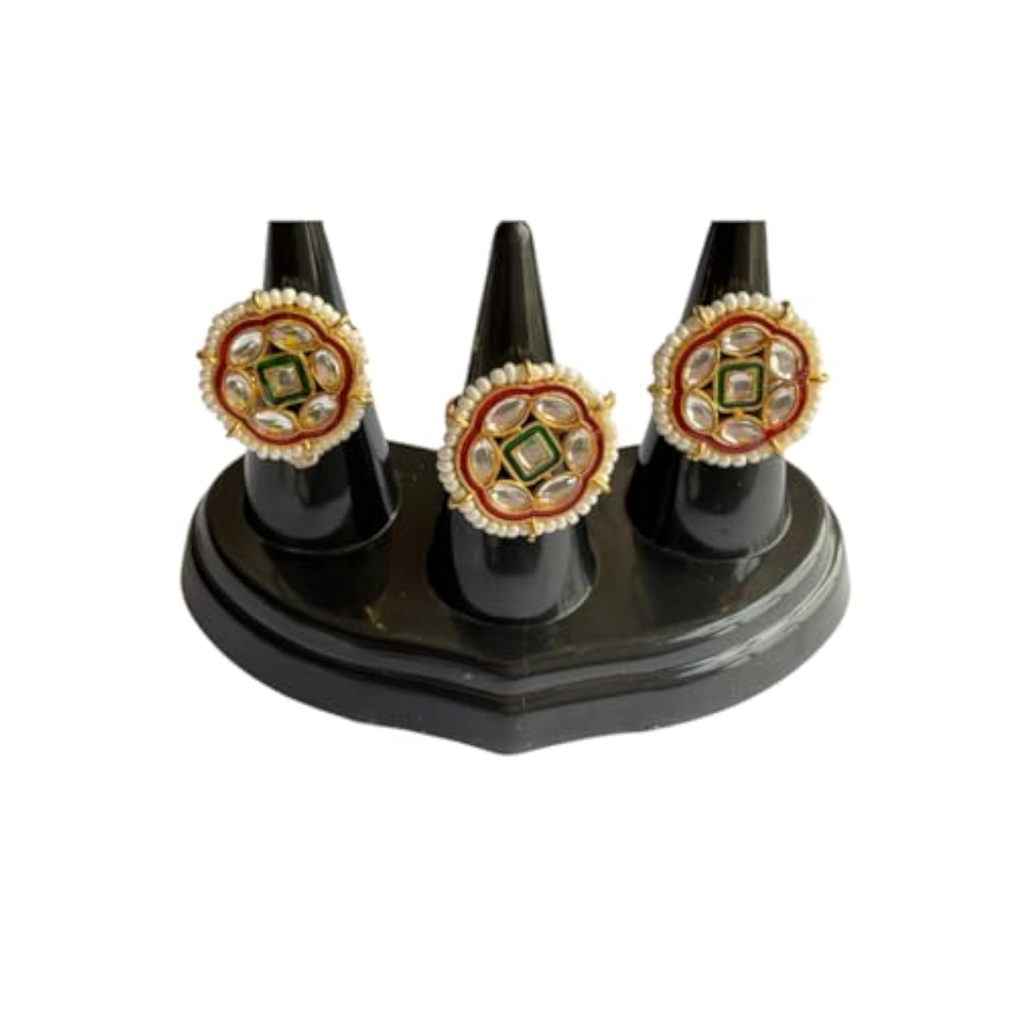 Traditional Kundan Pearl Ring Set with Red and Green Enamel