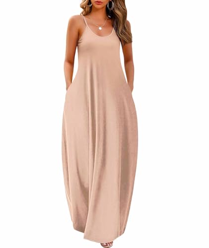 Wolddress Womens 2025 Casual Sleeveless Sundress Plus Size Loose Plain Long Summer Beach Maxi Dress with Pockets Apricot Pink 5X