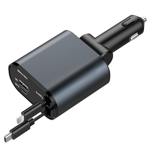 iYeHo Retractable Car Charger,4 in 1 Fast Charger,Car Adapter with Retractable Cables and Dual USB Ports for Smartphones,Galaxy S23,MacBook Pro,iPad Air,and More