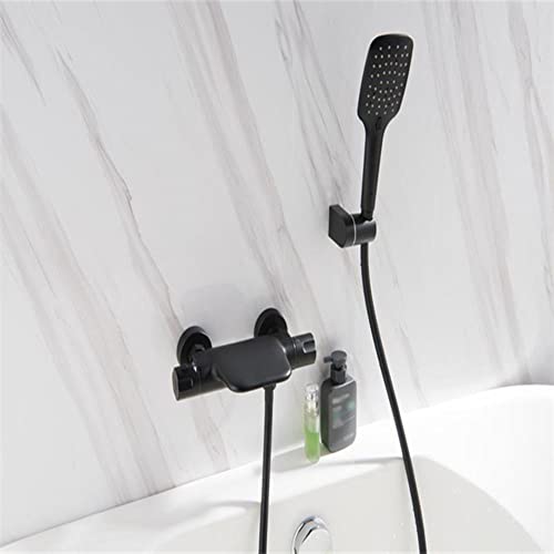 CPYGMXI Wall-Mounted Bath Tap with Waterfall Thermostatic Shower Mixer Tap Chrome Handheld Shower Head-Black-B