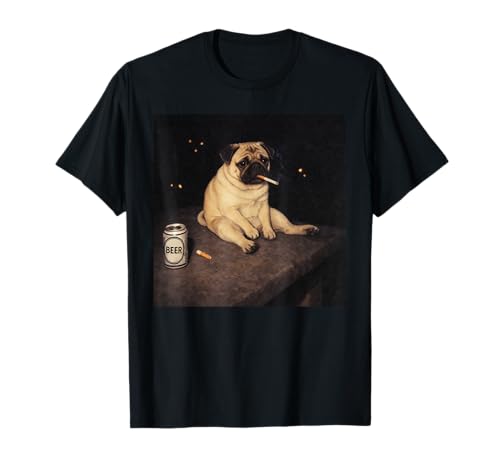 Funny Pug Smoking Beer Meme Sad Dog Dark Humor Aesthetic Art T-Shirt