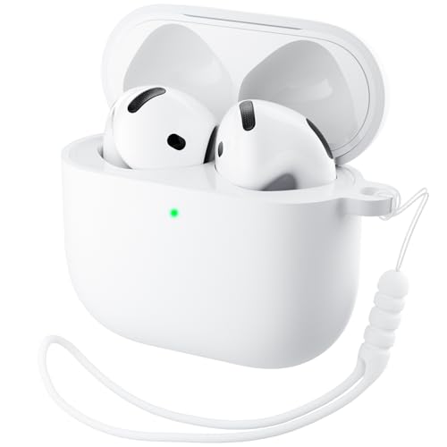 ORNARTO Compatível com AirPods 4ª geração (2024), capa protetora de silicone líquido para AirPods 4ª geração com cordão macio frontal capa de silicone visível LED - branca