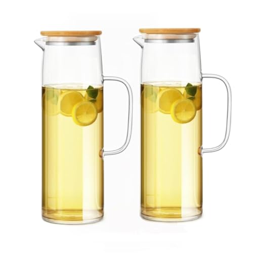 SKY-TOUCH 2 pcs 1500ml Glass Pitcher : Hot/Cold Water Carafe with Handle and Bamboo Lid Water Jug for Fridge Tea Beverage Juice Milk Coffee