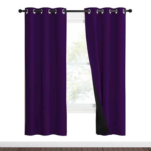Image of NICETOWN 100% Blackout Curtains with Black Liner Backing, Thermal Insulated Curtains for Living Room, Noise Reducing Drapes, Royal Purple, 37 inch Wide x 70 inch Long Per Panel, Set of 2 Panels