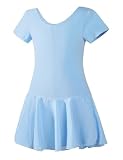 LingTing Leotards with Chiffon Skirt for Girls Blue Short Sleeves Dress for Gymnastic, Ballet,Dance
