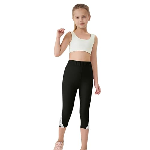 Girls Cropped Leggings Lace Bottoms Trim Yoga Capris Leggings Stretchy High Waist Skinny Tights Pants for Teen Kids4