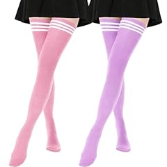 2 Pairs Stockings With Stripe: Light Purple, Pink