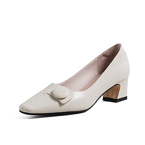 TinaCus Genuine Leather Women's Handmade Square Toe Low Heel Button Graceful Pump Shoes - Main Image