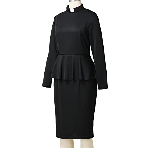 Image of FAD-4U Church Clergy Dress for Women Minister Long Sleeve Ruffle Slim Pencil Dress with Tab Insert Stand Collar