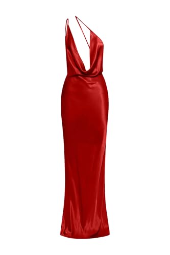 Image of Memoriesea Women's Low Cut Cowl Neck Open Back Tie Up Cocktail Party Maxi Dress Red